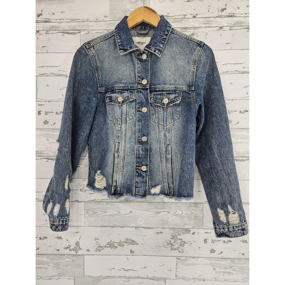 Vervet Distressed Denim Trucker Jacket Frayed Raw Hem Women XS